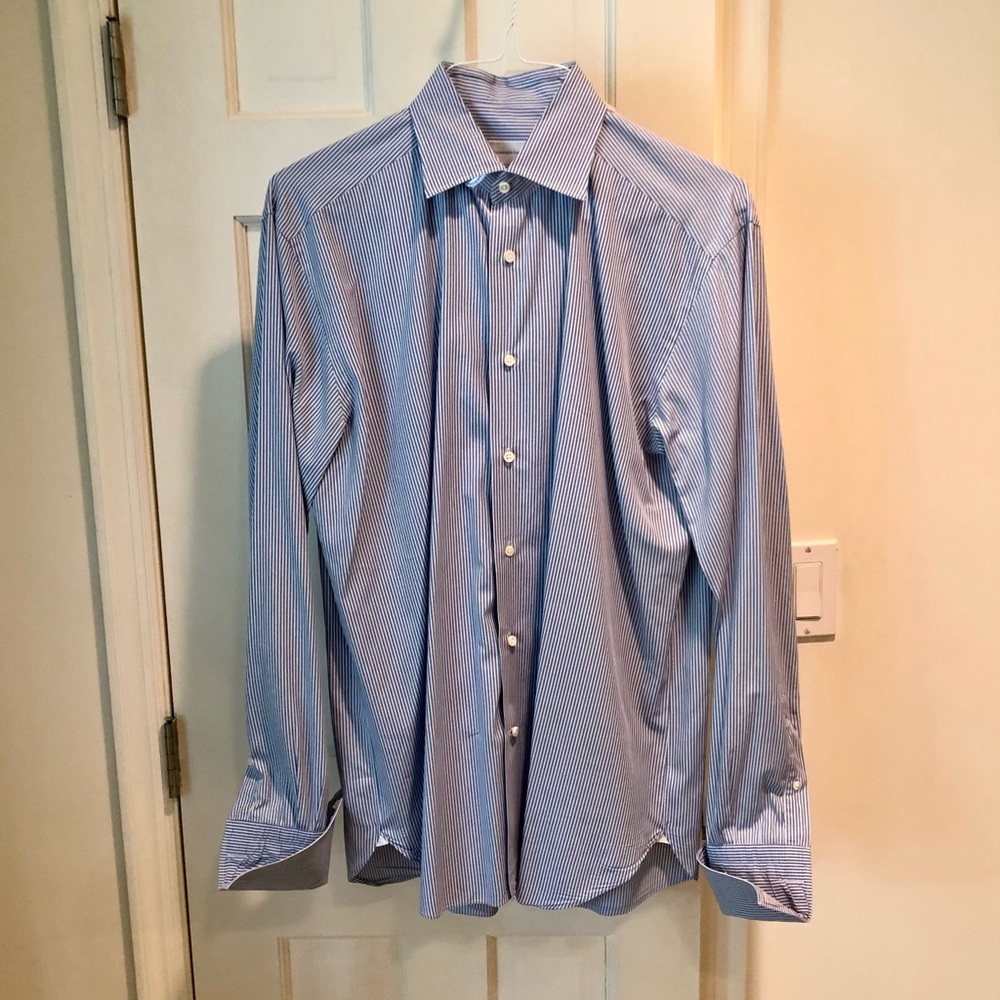 Zegna Men’s Narrow Stripe Navy Cotton Dress Shirt